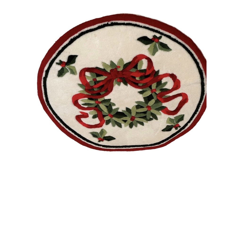 Unbranded Christmas Throw Rug Wreath & Ribbon Design‎ W/holly & Berries 28"